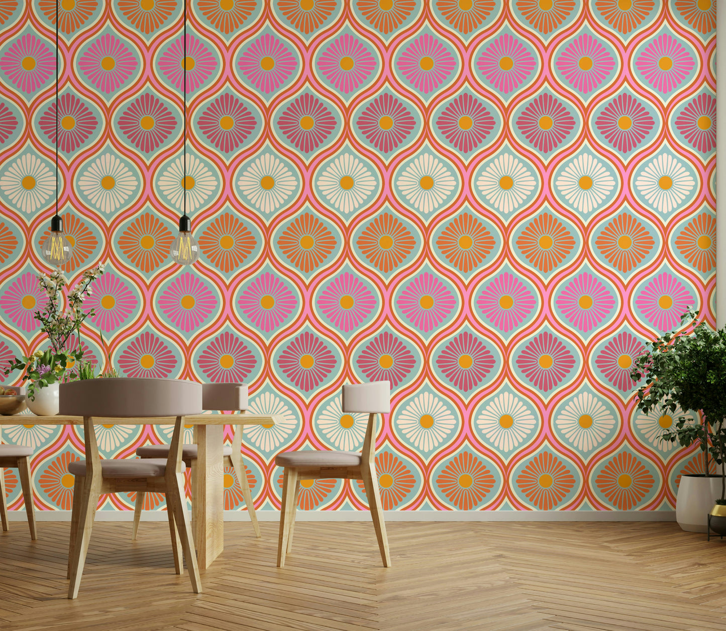 Features large, stylized flowers and psychedelic motifs.
