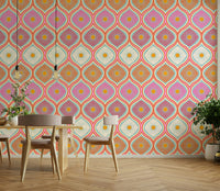 Features large, stylized flowers and psychedelic motifs.
