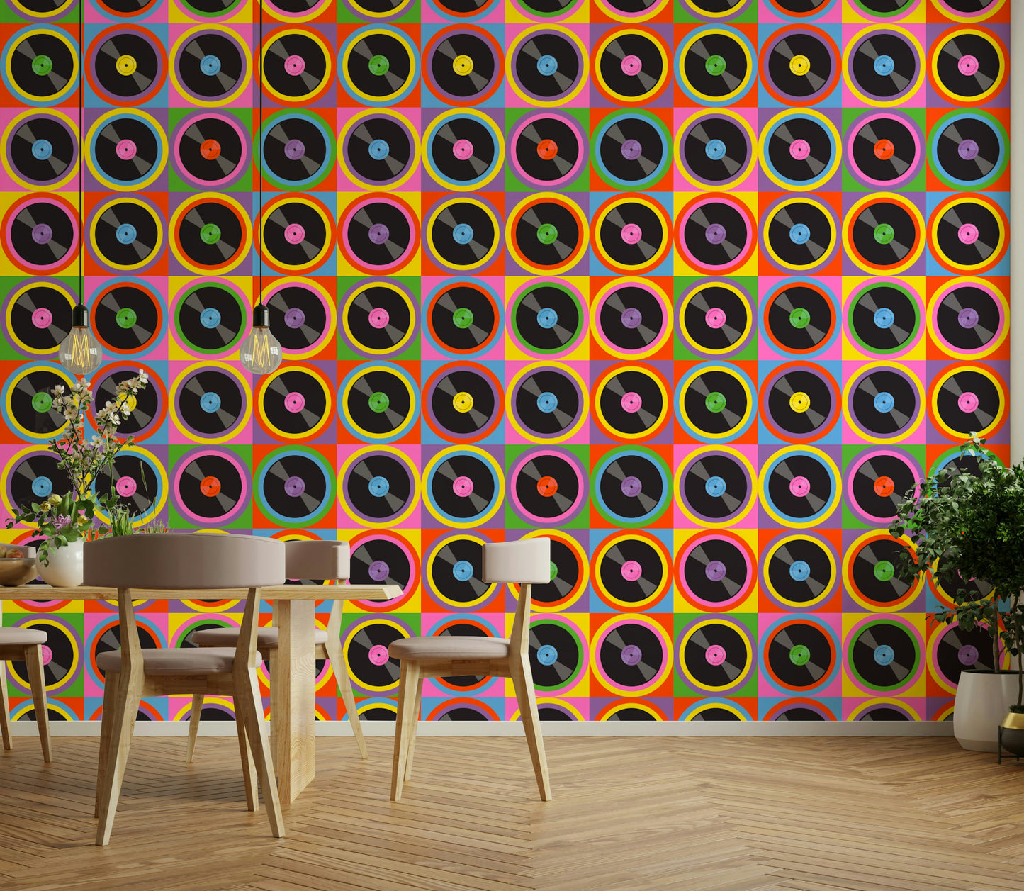 Features stylized vinyl records and musical elements.
