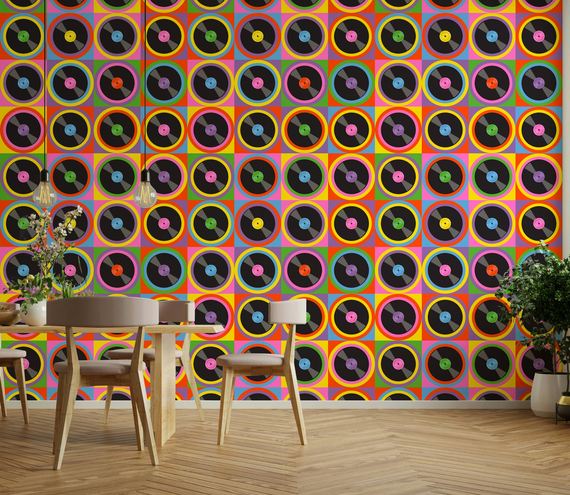 Features stylized vinyl records and musical elements.
