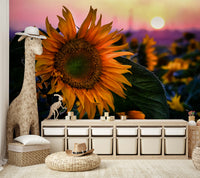 Features large, blooming sunflowers.
