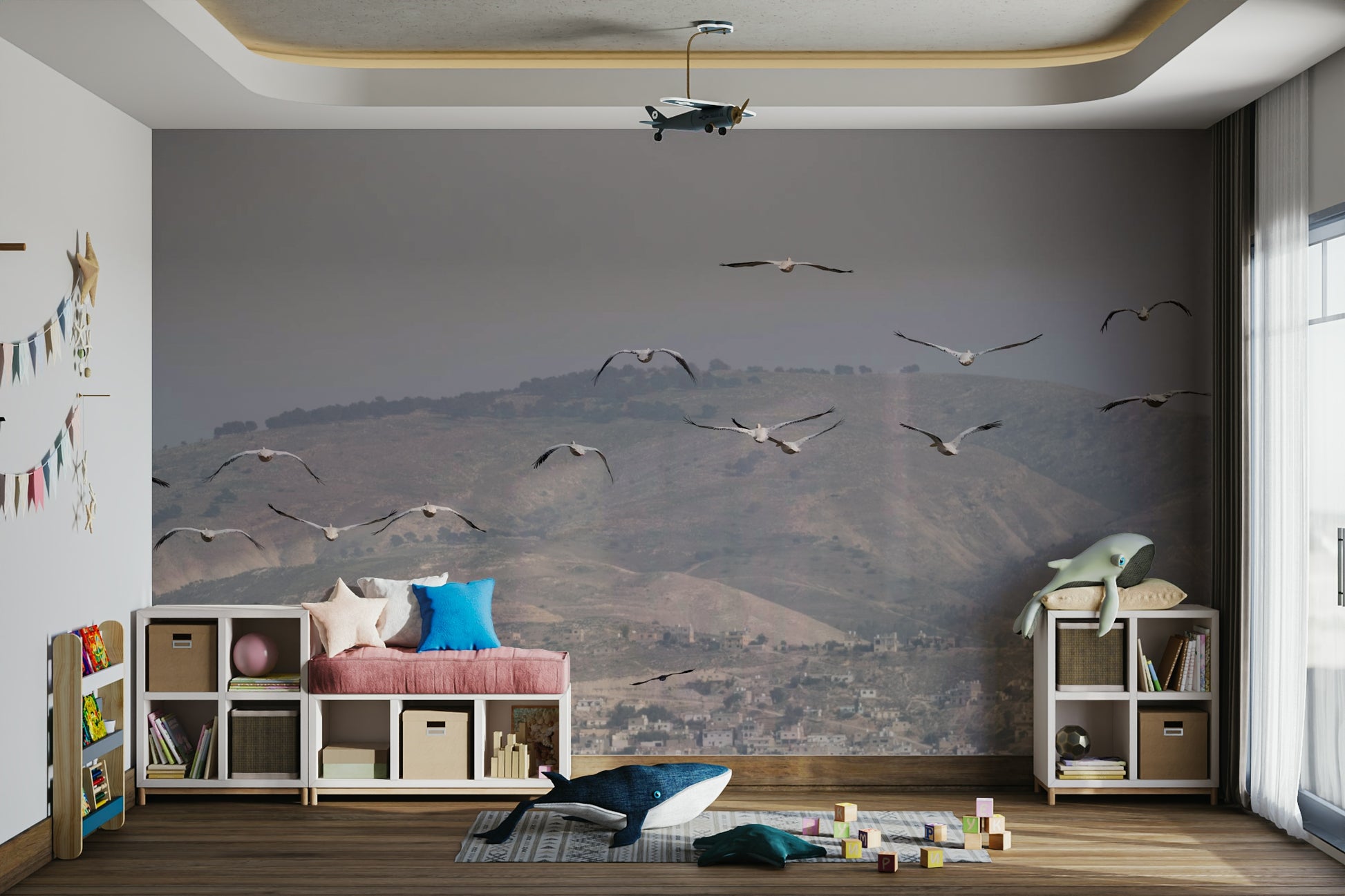 Rolling hills or mountains are depicted below.
