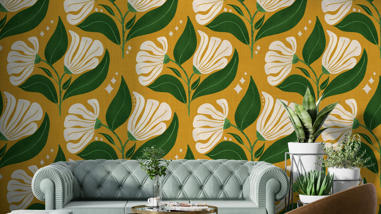 The background is a distinctive avocado yellow.
