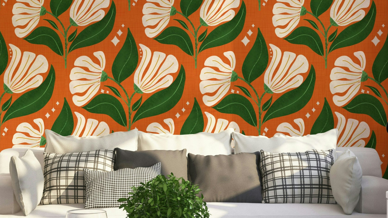 A bold, retro-themed floral wallpaper pattern.
