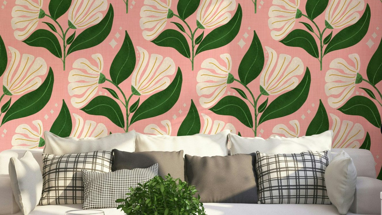 A bold, retro-themed floral wallpaper pattern.
