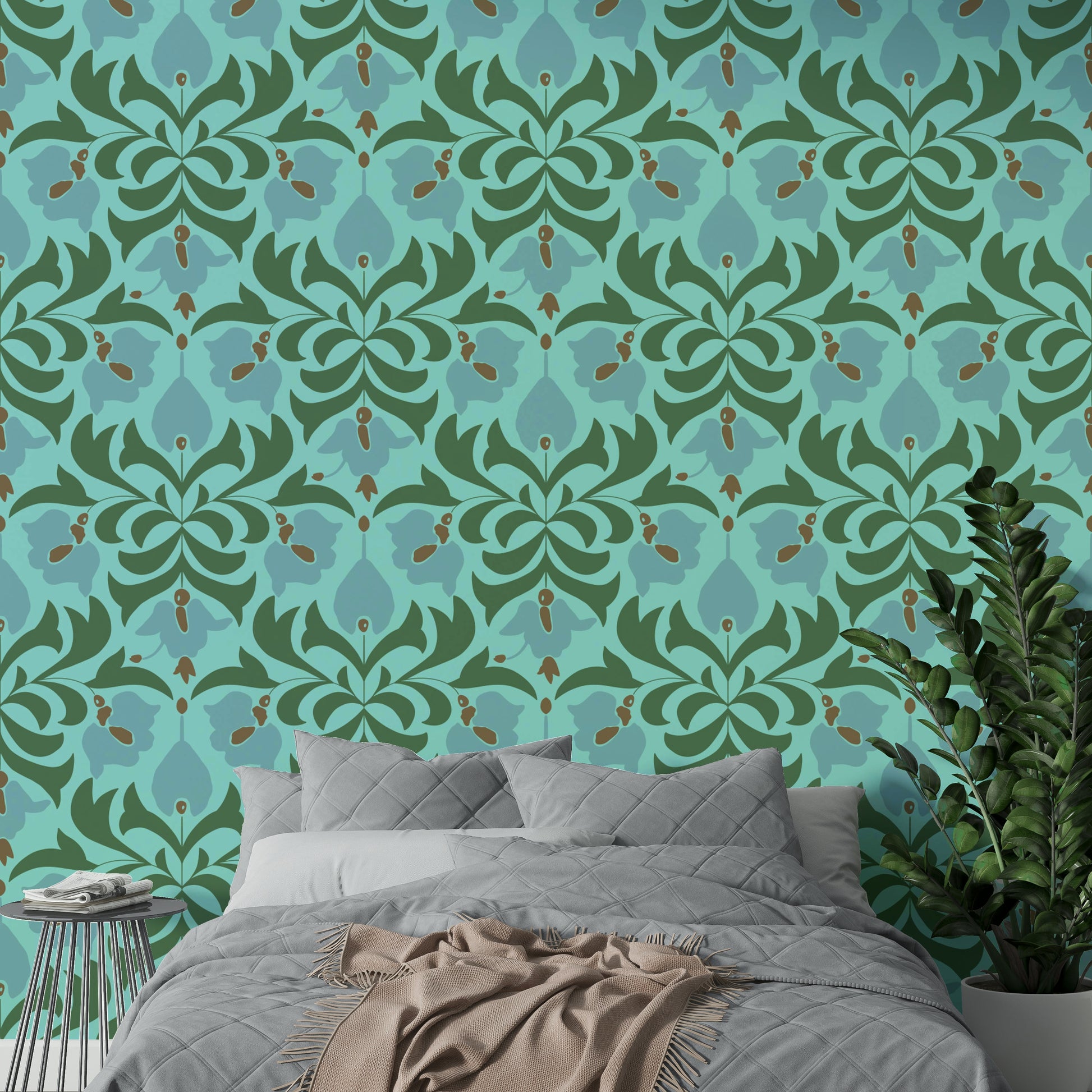 The color palette is dominated by aqua tones.