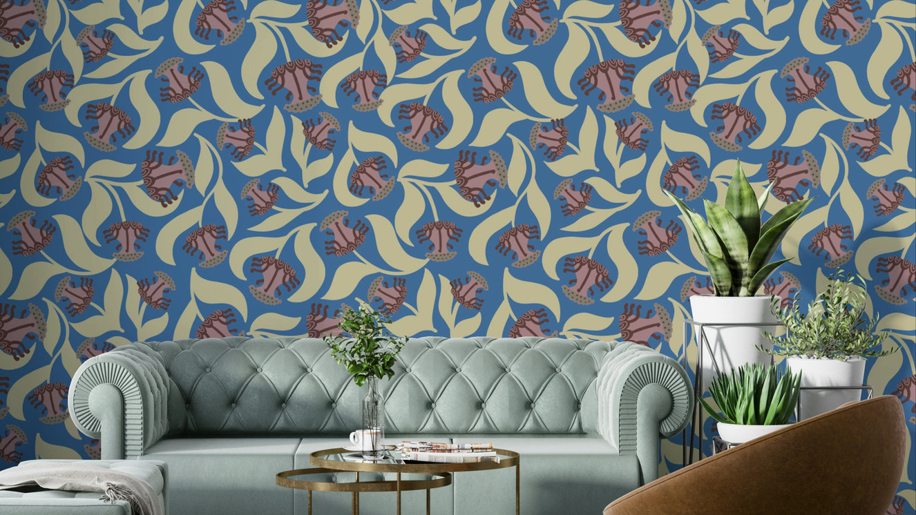 Features stylized representations of flowers, leaves, or botanical elements.
