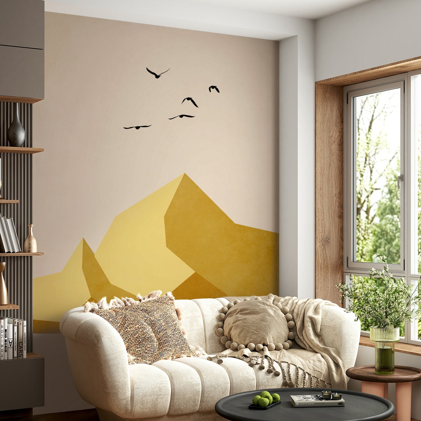 The scene depicts towering peaks, possibly with snow or rock formations.
