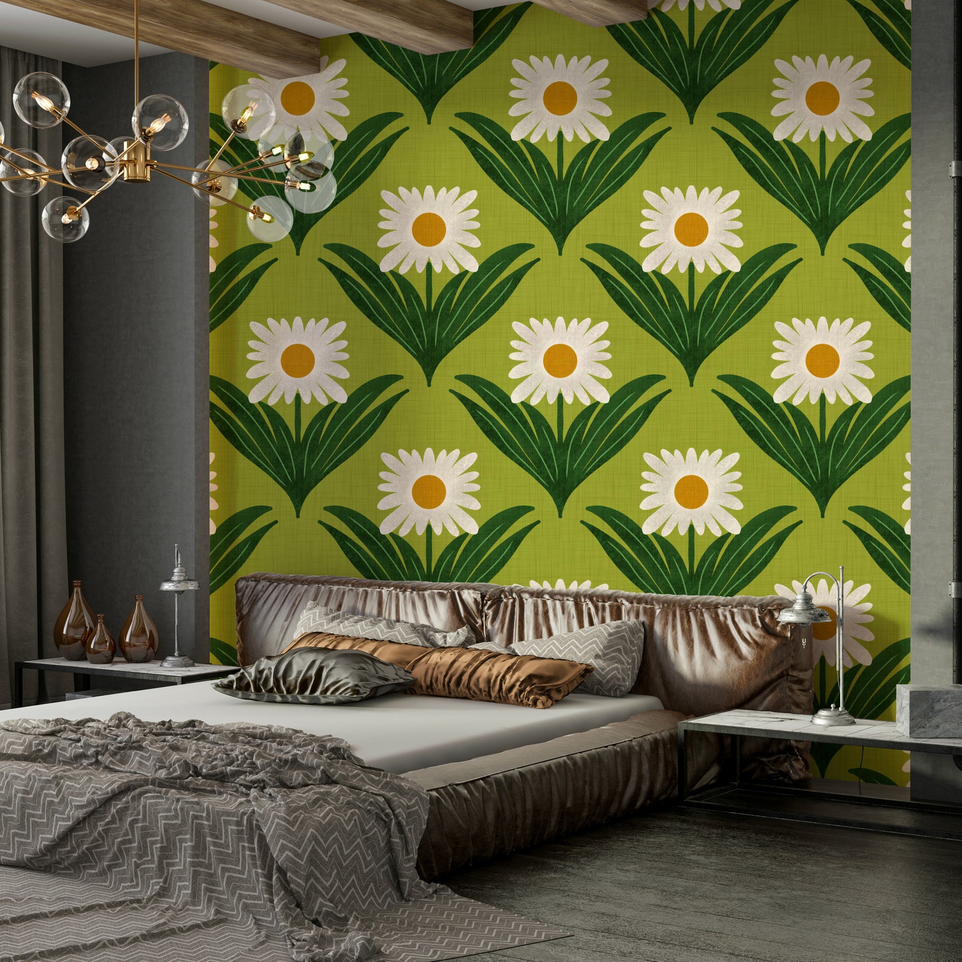 Features large, stylized daisy flowers and other mod florals.
