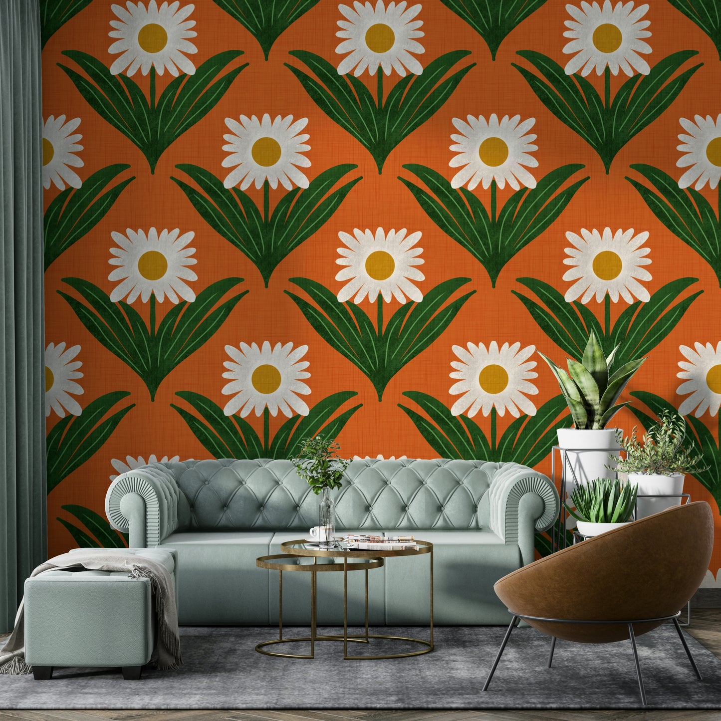 Features large, stylized daisy flowers and other mod florals.
