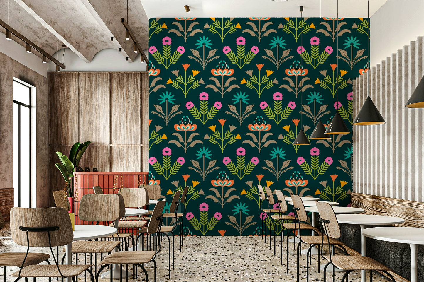 Features stylized flowers with a blend of Mid-Century Modern and Scandinavian retro influences.
