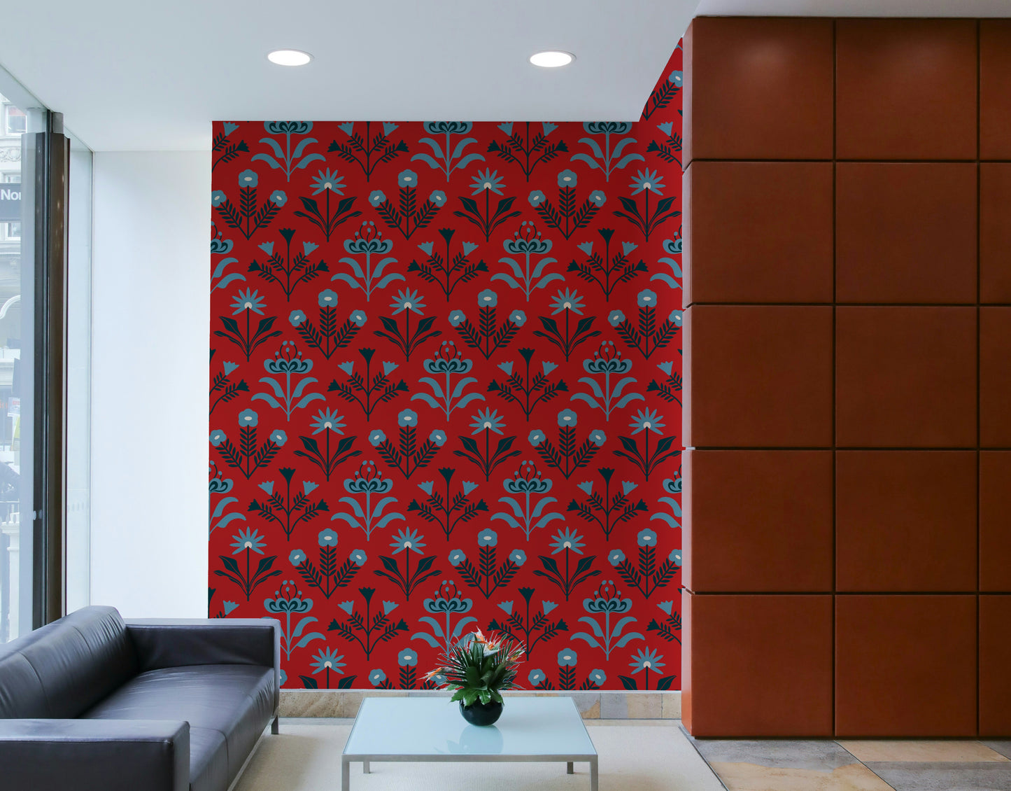 Features stylized flowers with a blend of Mid-Century Modern and Scandinavian retro influences.
