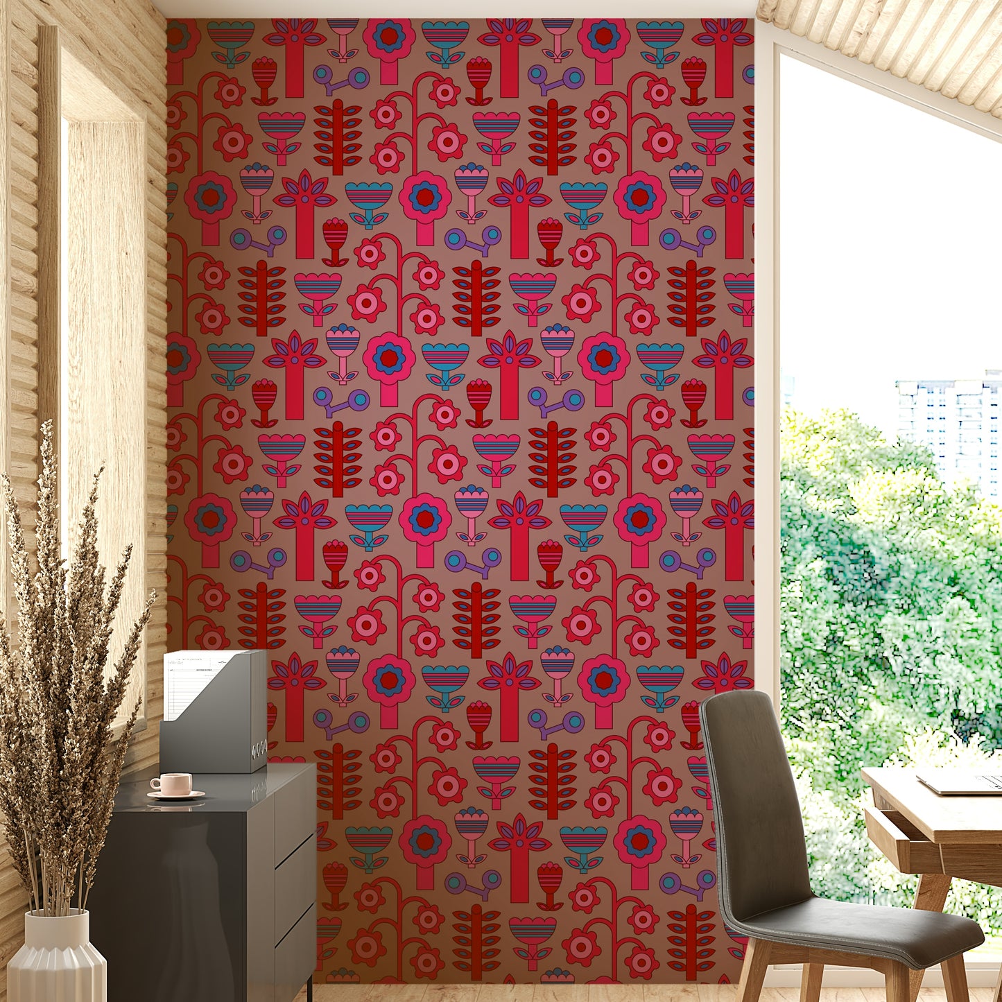 A charming and vibrant floral wallpaper pattern.
