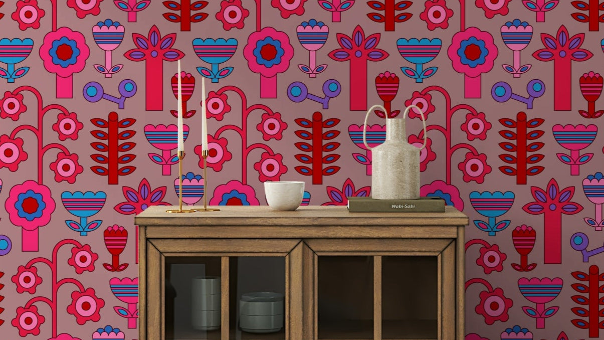 Features stylized flowers with geometric accents.
