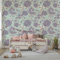 Serene Floral Etch mural in a living room.

