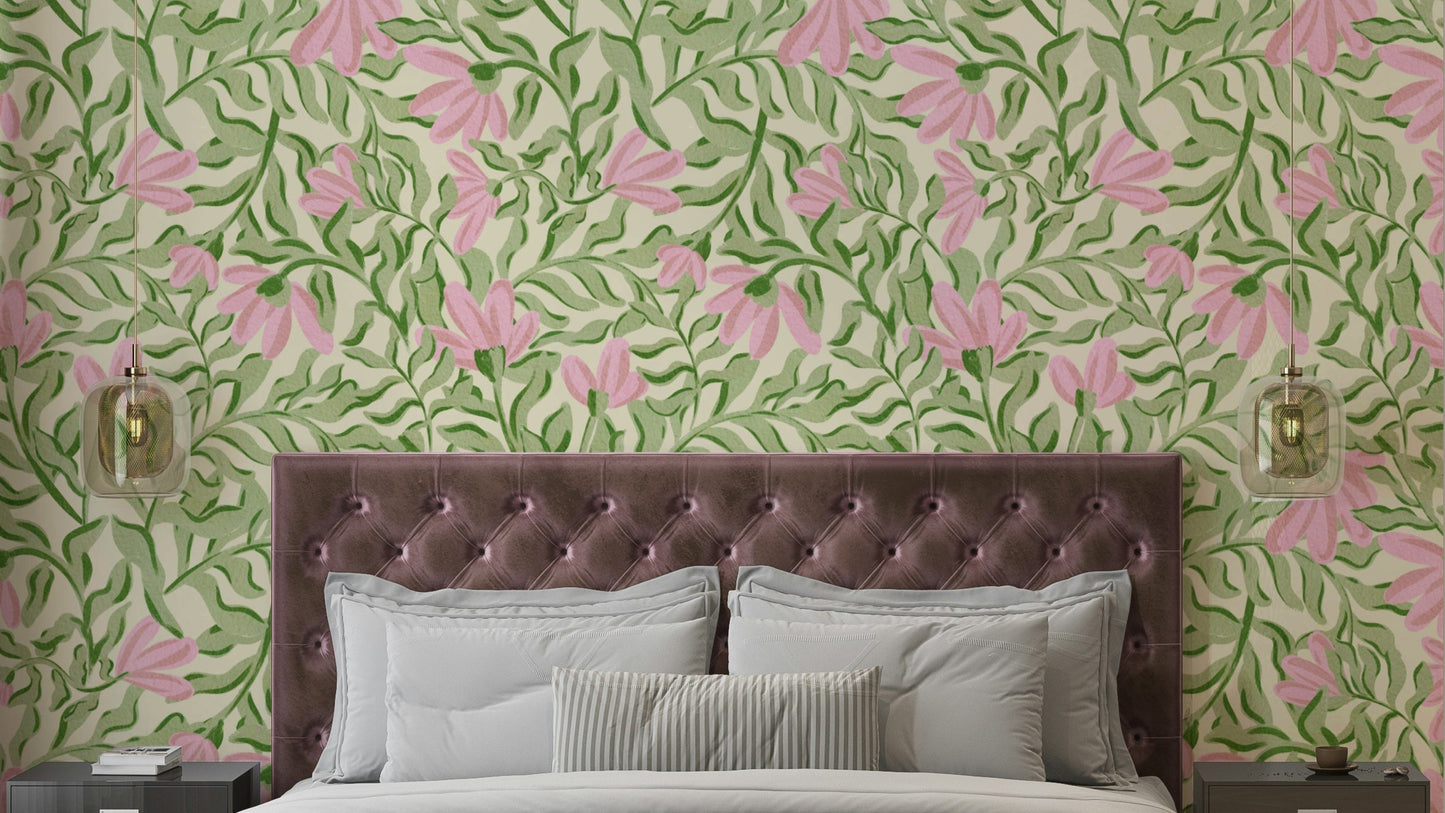 Wallpaper with a pattern of various classic flowers.

