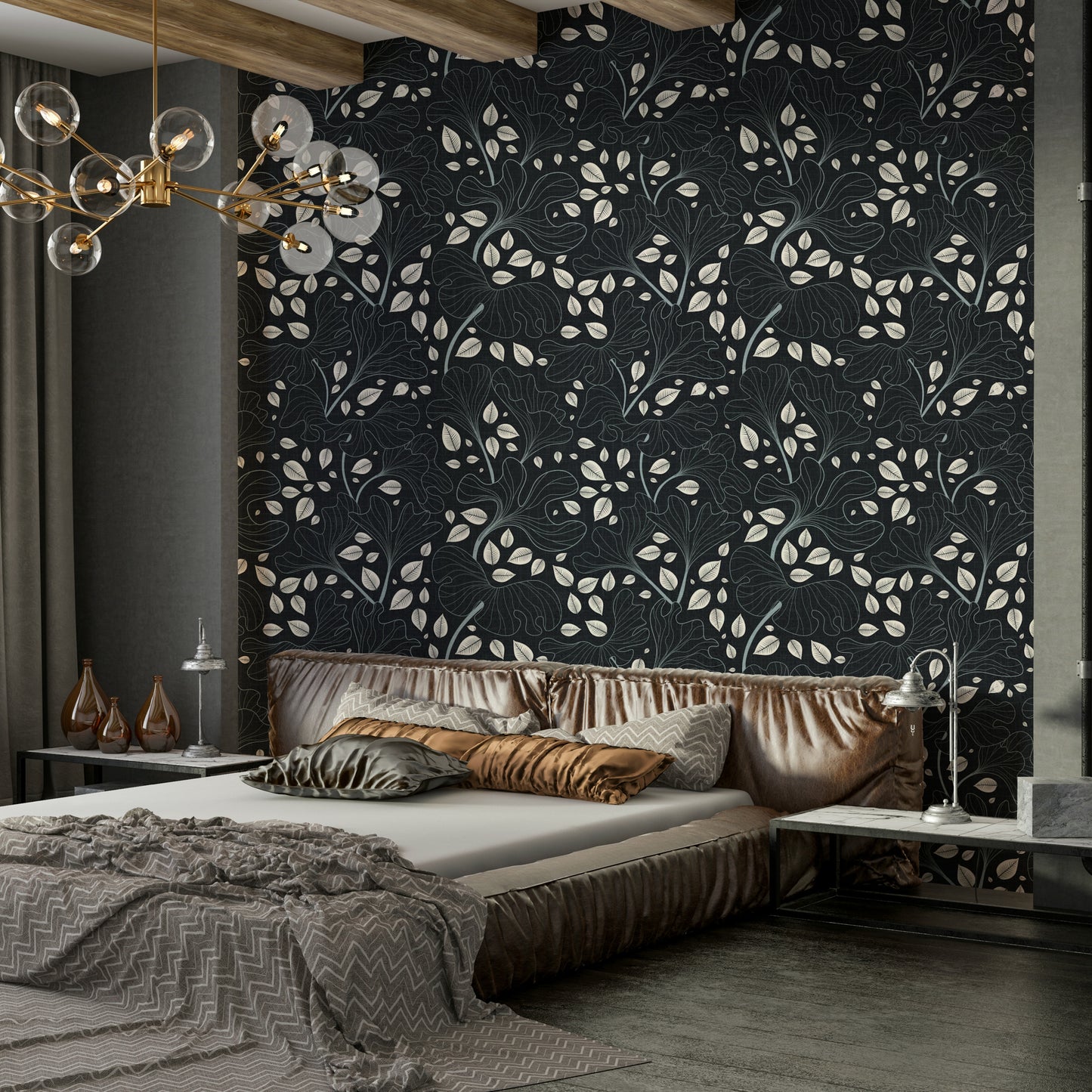 Floral wallpaper with a mix of navy and white.

