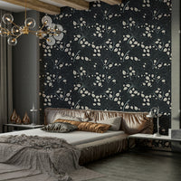 Floral wallpaper with a mix of navy and white.

