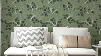 Timeless Ginkgo Garden Green and White Wallpaper.

