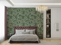 Wallpaper with a pattern of ginkgo leaves.

