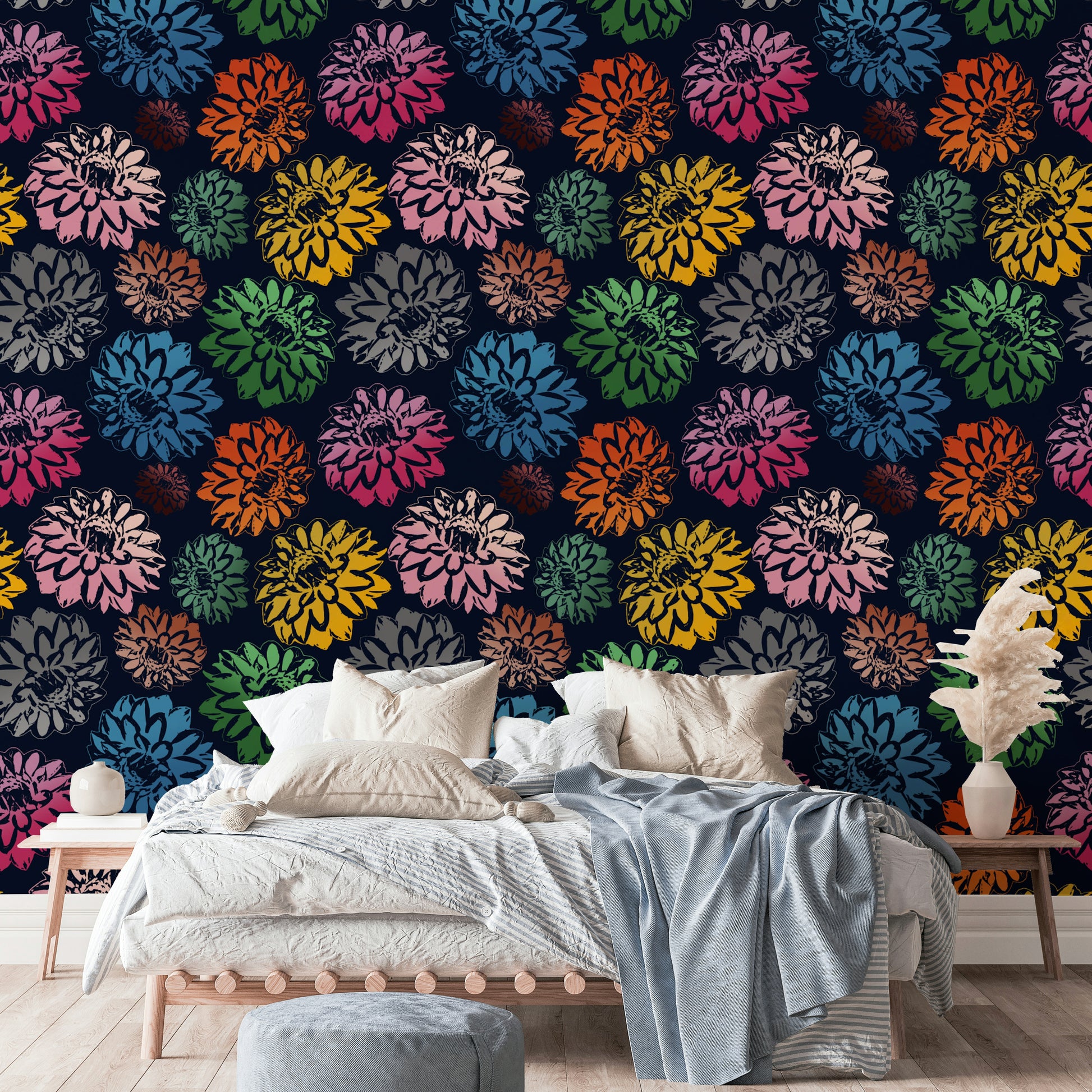 Dahlias Colors Navy mural for a living room.

