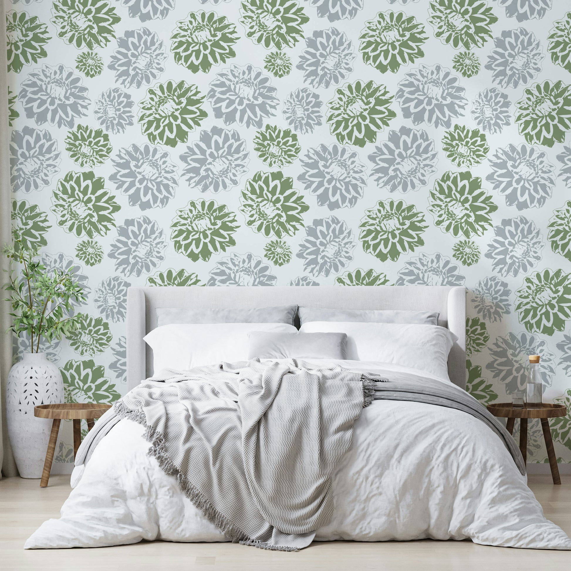 Wallpaper with a pattern of large dhalias flowers.


