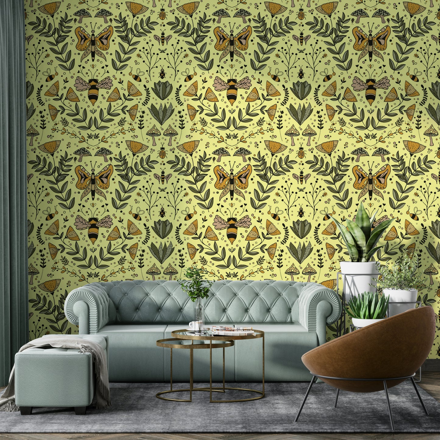 Wallpaper with a pattern of insects and plants.


