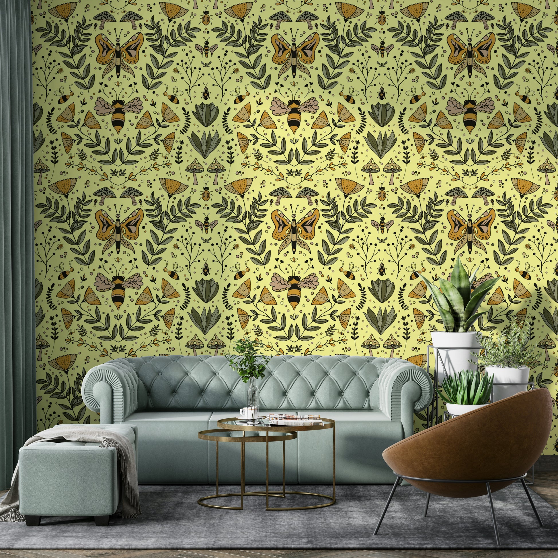 Wallpaper with a pattern of insects and plants.

