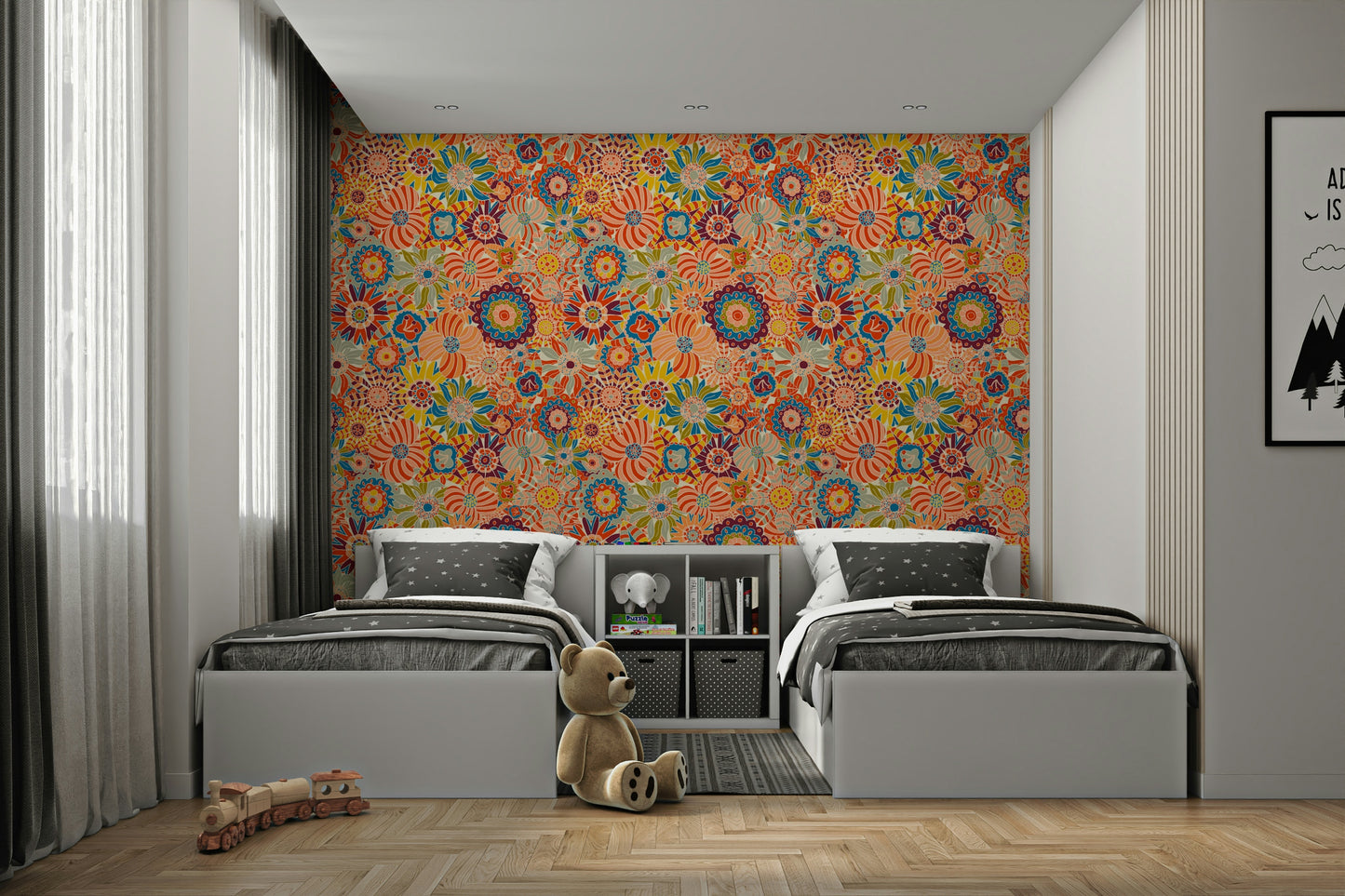 Wallpaper with a pattern of various colorful flowers.

