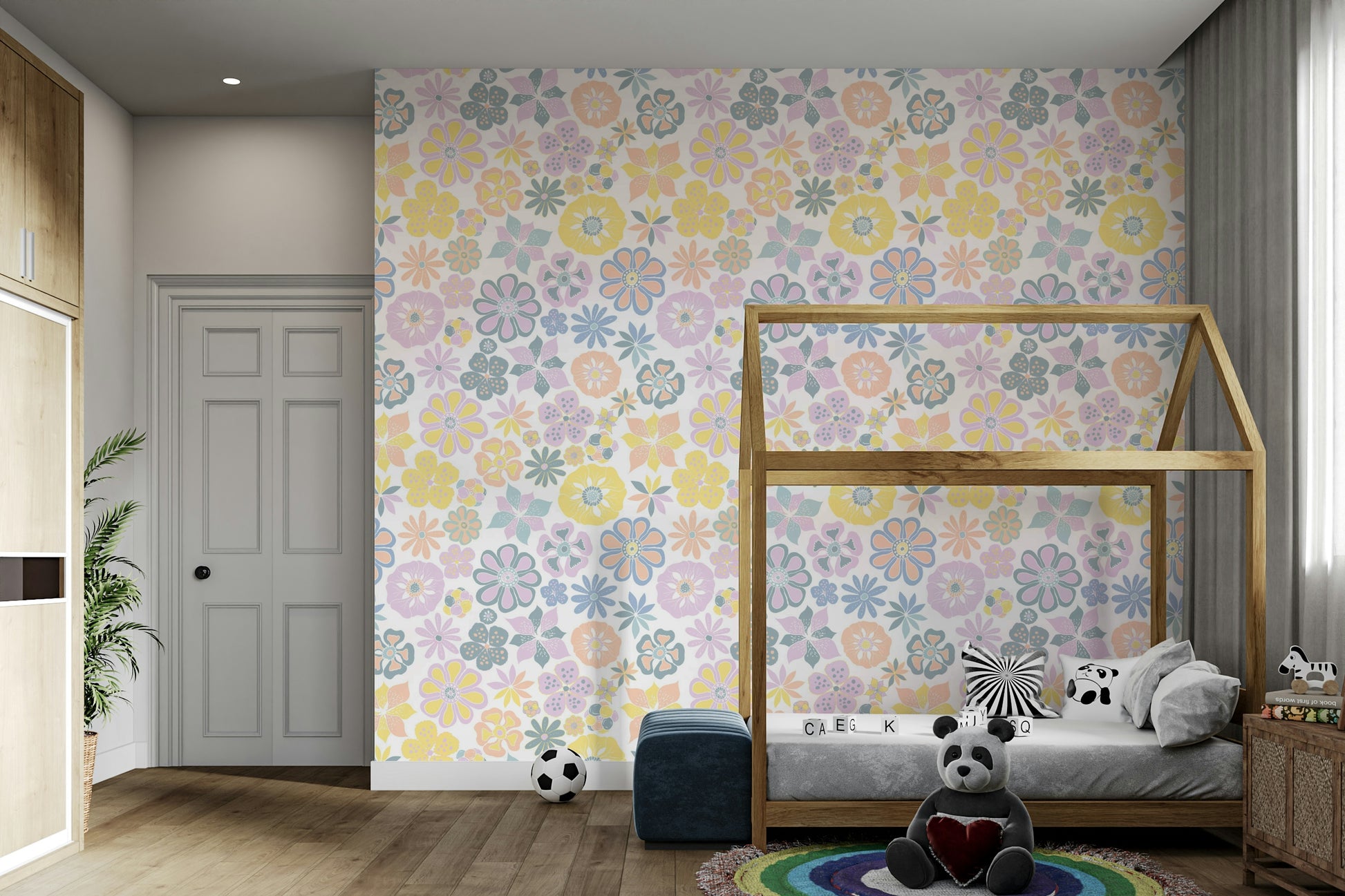 Wallpaper with a pattern of various colorful flowers.

