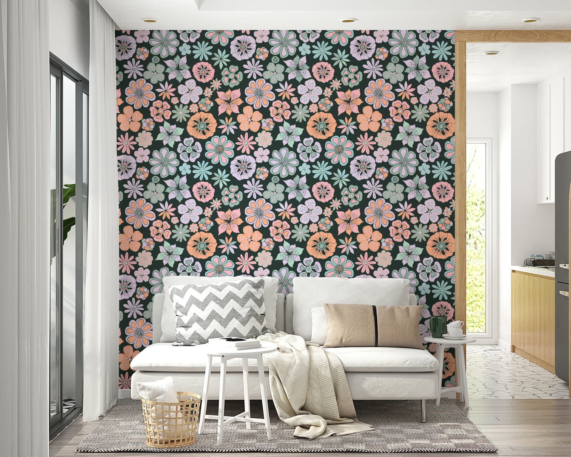Wallpaper with a whimsical, hand-drawn floral design.

