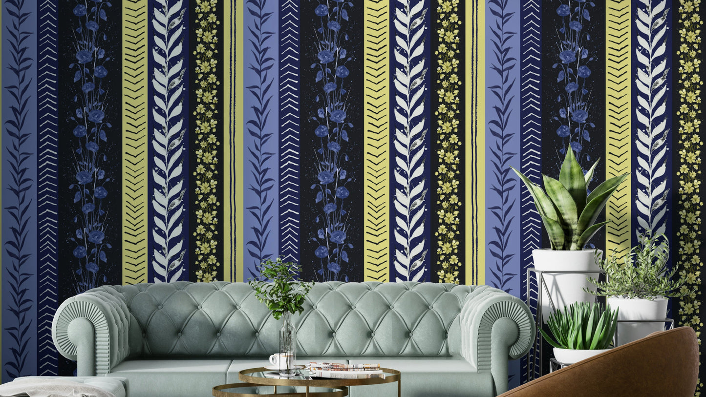 Wallpaper with leaf and floral designs.

