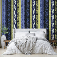 Wallpaper with vertical stripes of different patterns.

