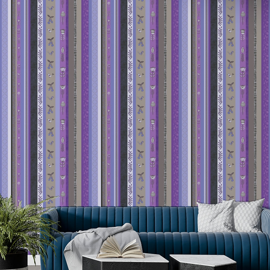 Wallpaper with a mix of soft purple, gray, and brown.

