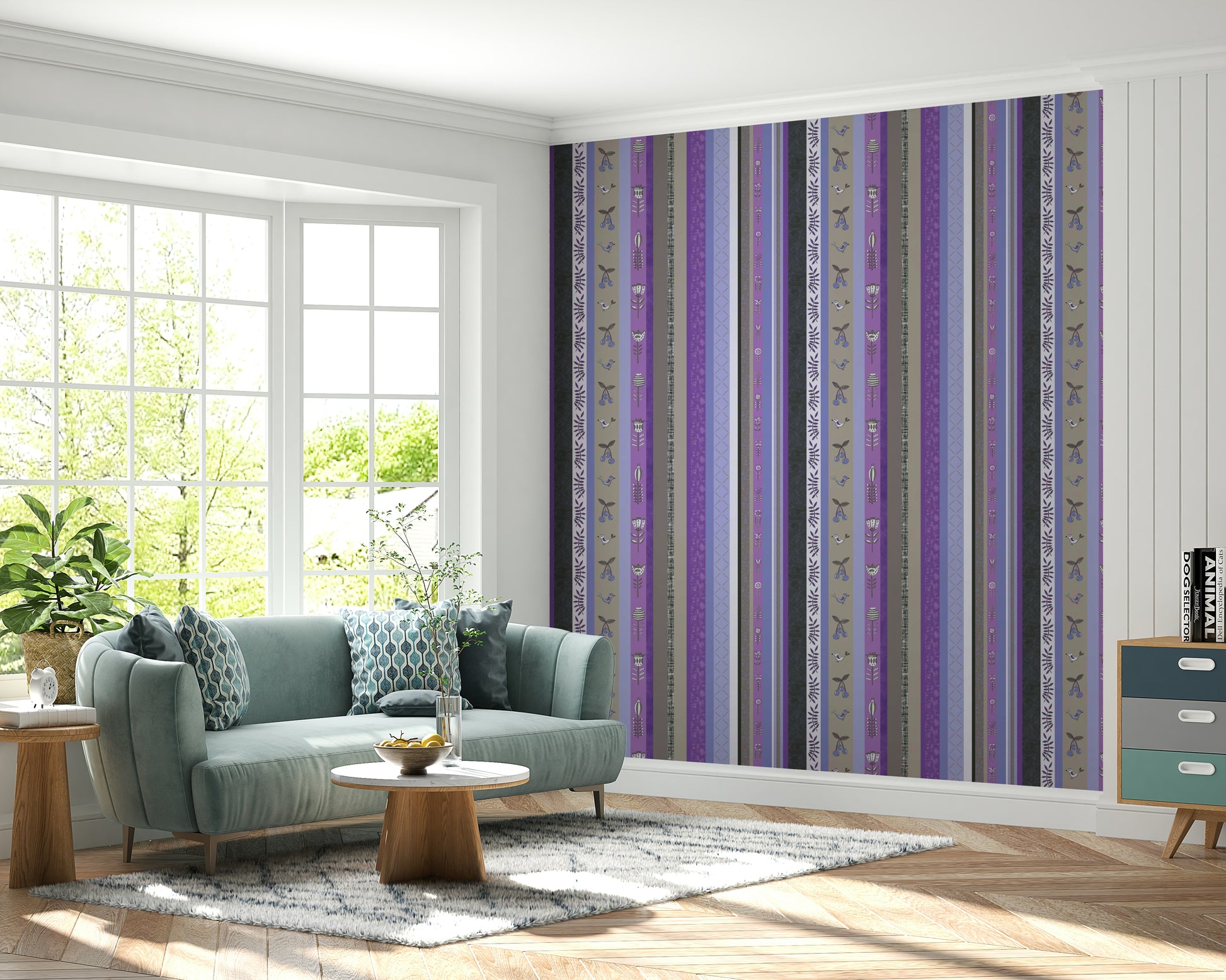 Close-up of a floral stripe on the wallpaper.

