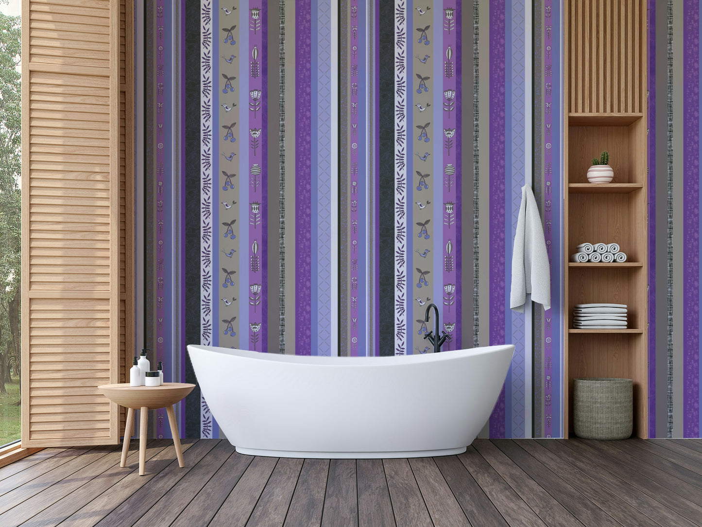 Wallpaper with floral and textured designs.

