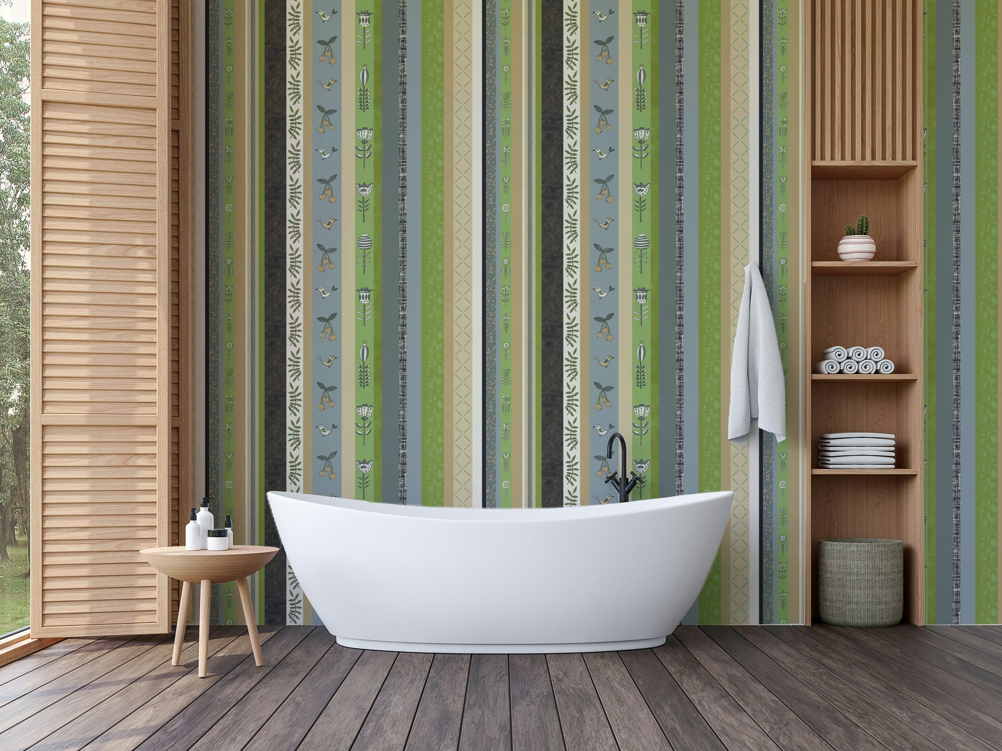 Striped wallpaper with a whimsical garden theme.

