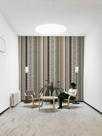 Striped wallpaper with a whimsical garden theme.

