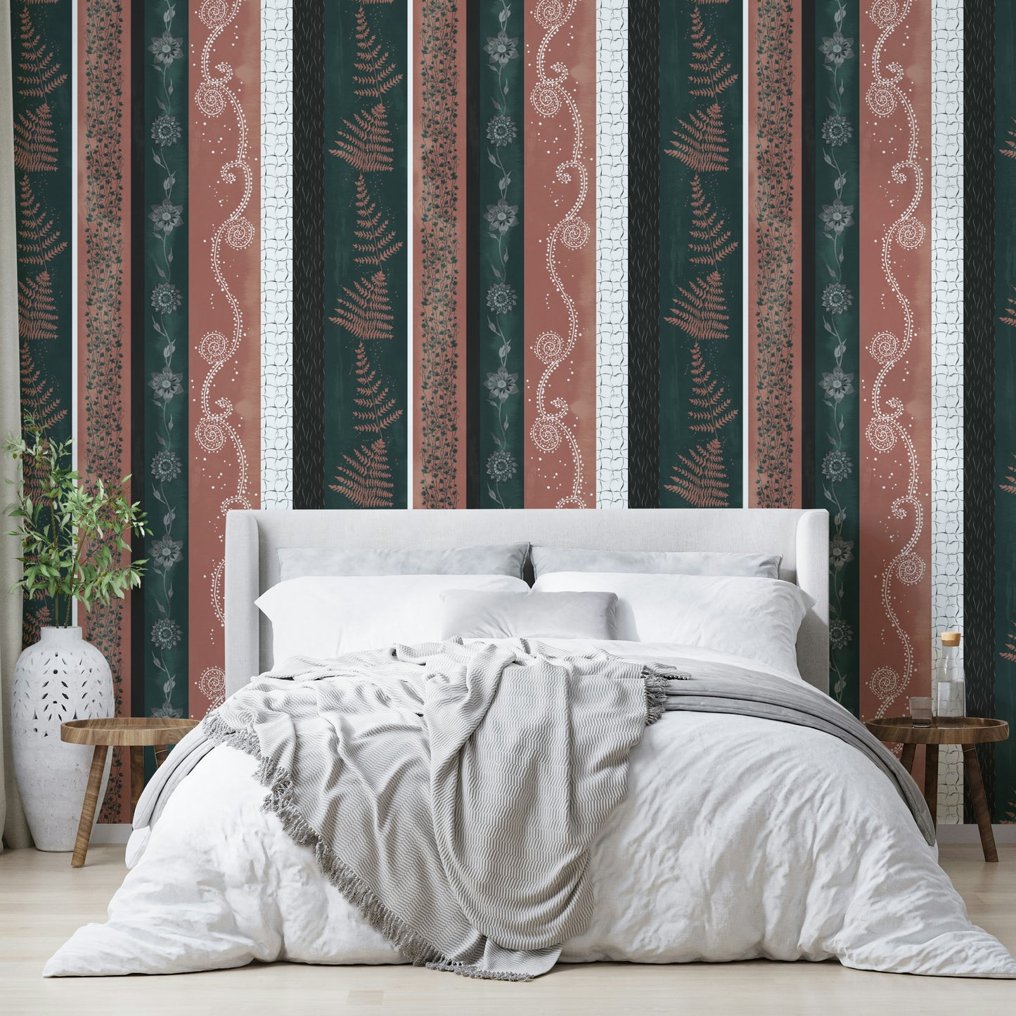 Wallpaper with fern and floral designs.

