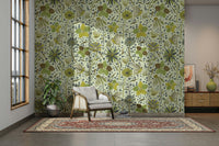 Green wallpaper with flowers and butterflies.

