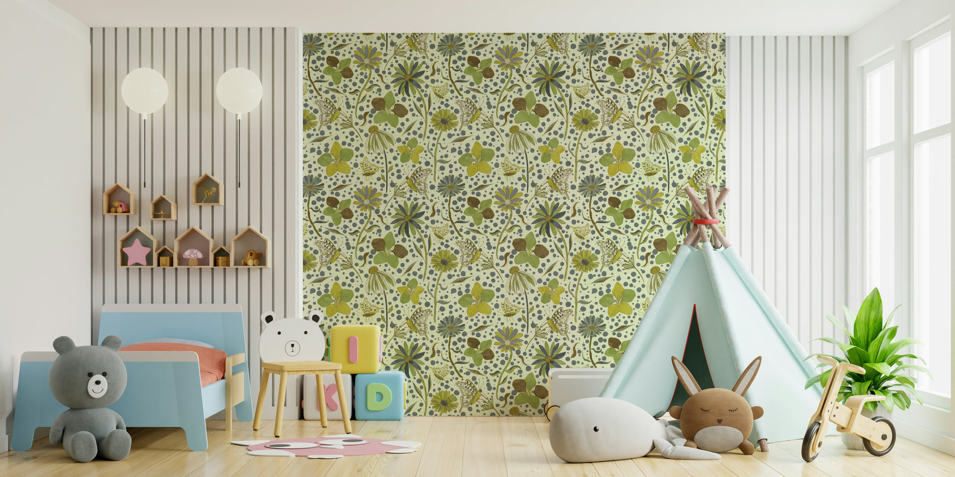 Wallpaper with a repeating floral pattern.

