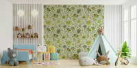 Wallpaper with a repeating floral pattern.

