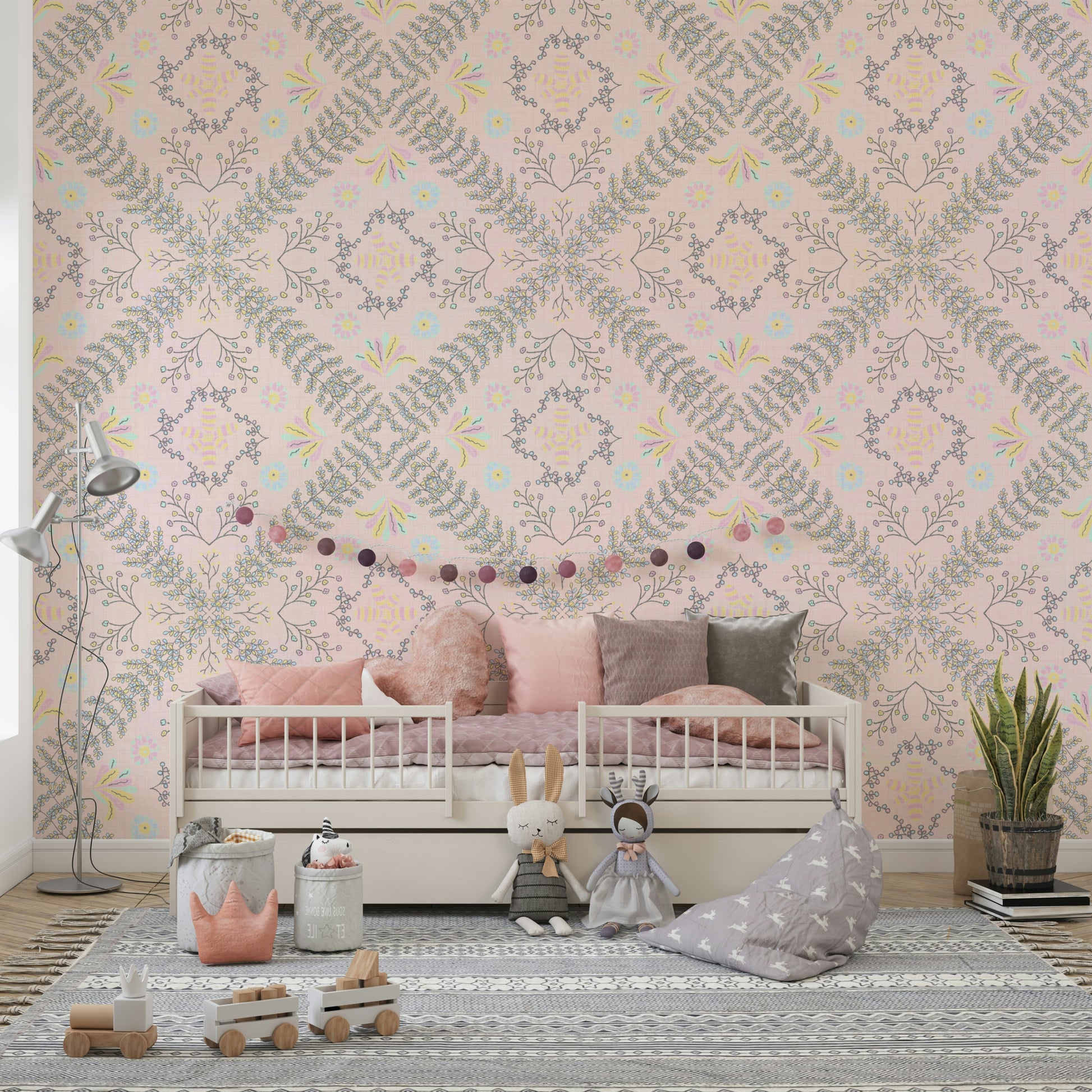 pink wallpaper with a floral pattern

