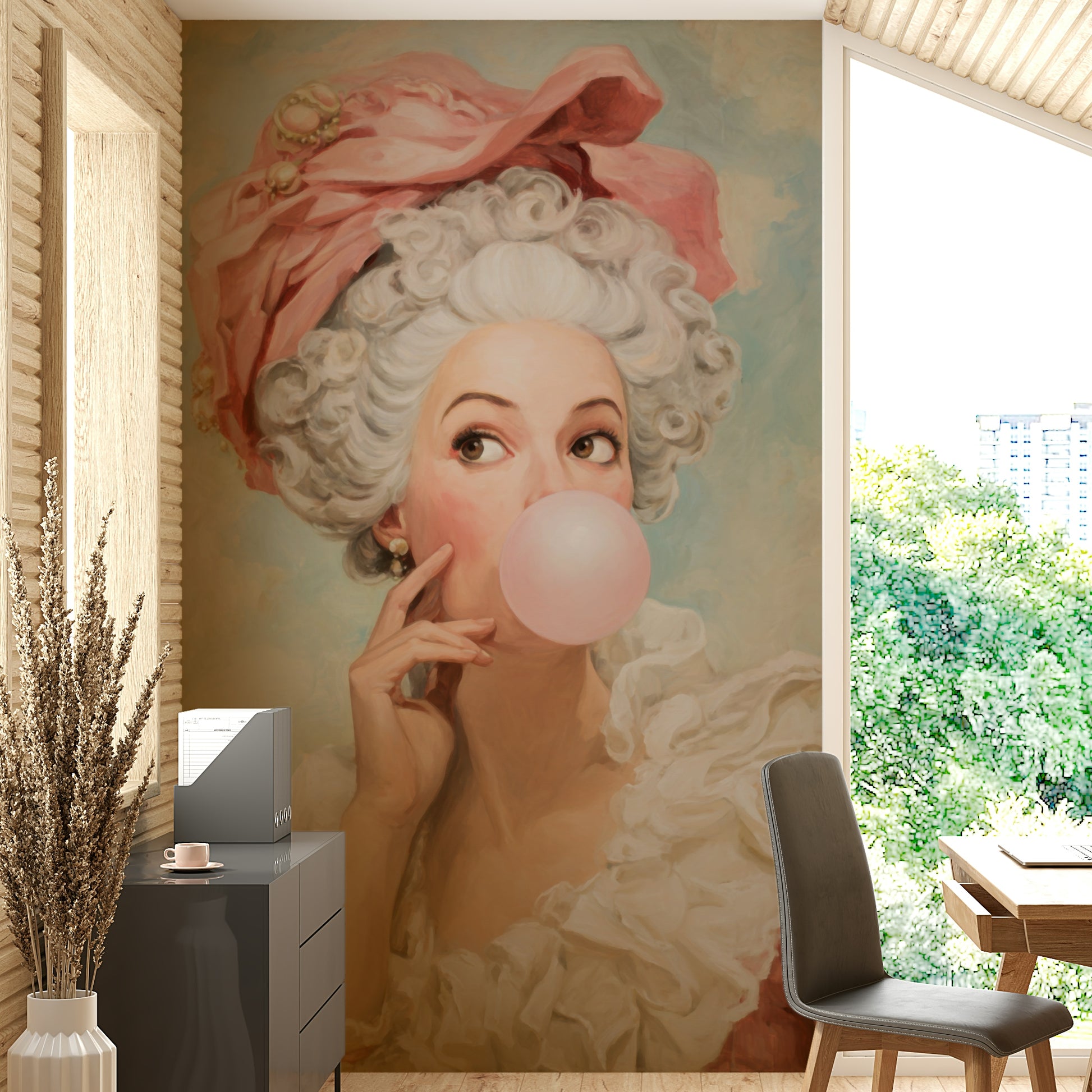 woman in a historic gown with modern gum

