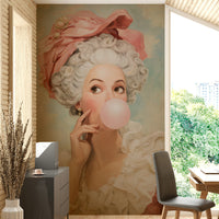 woman in a historic gown with modern gum

