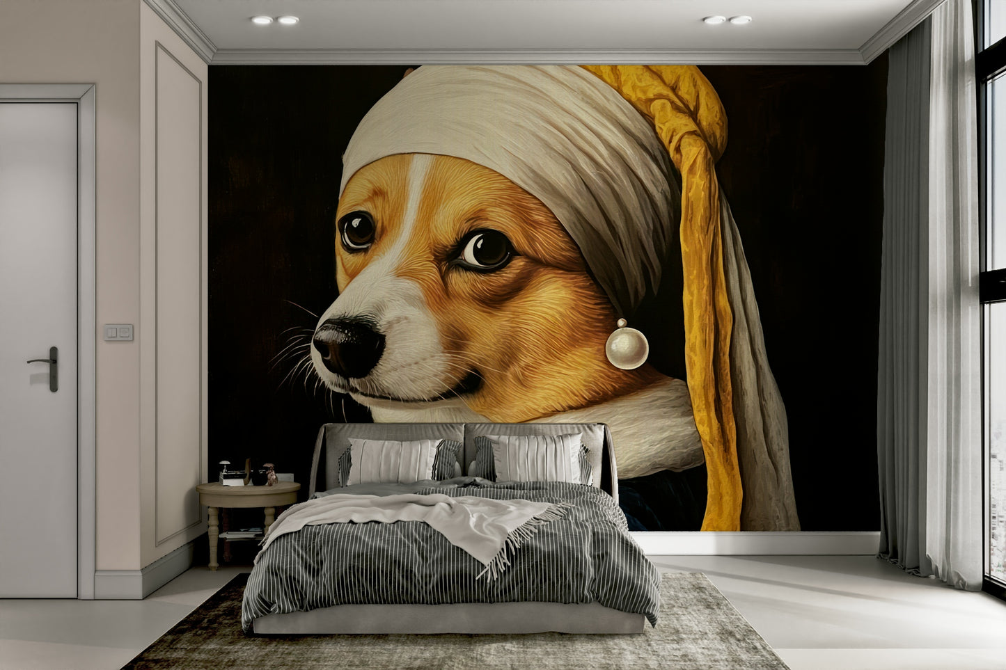 corgi with pearl earring in blue robe wall mural

