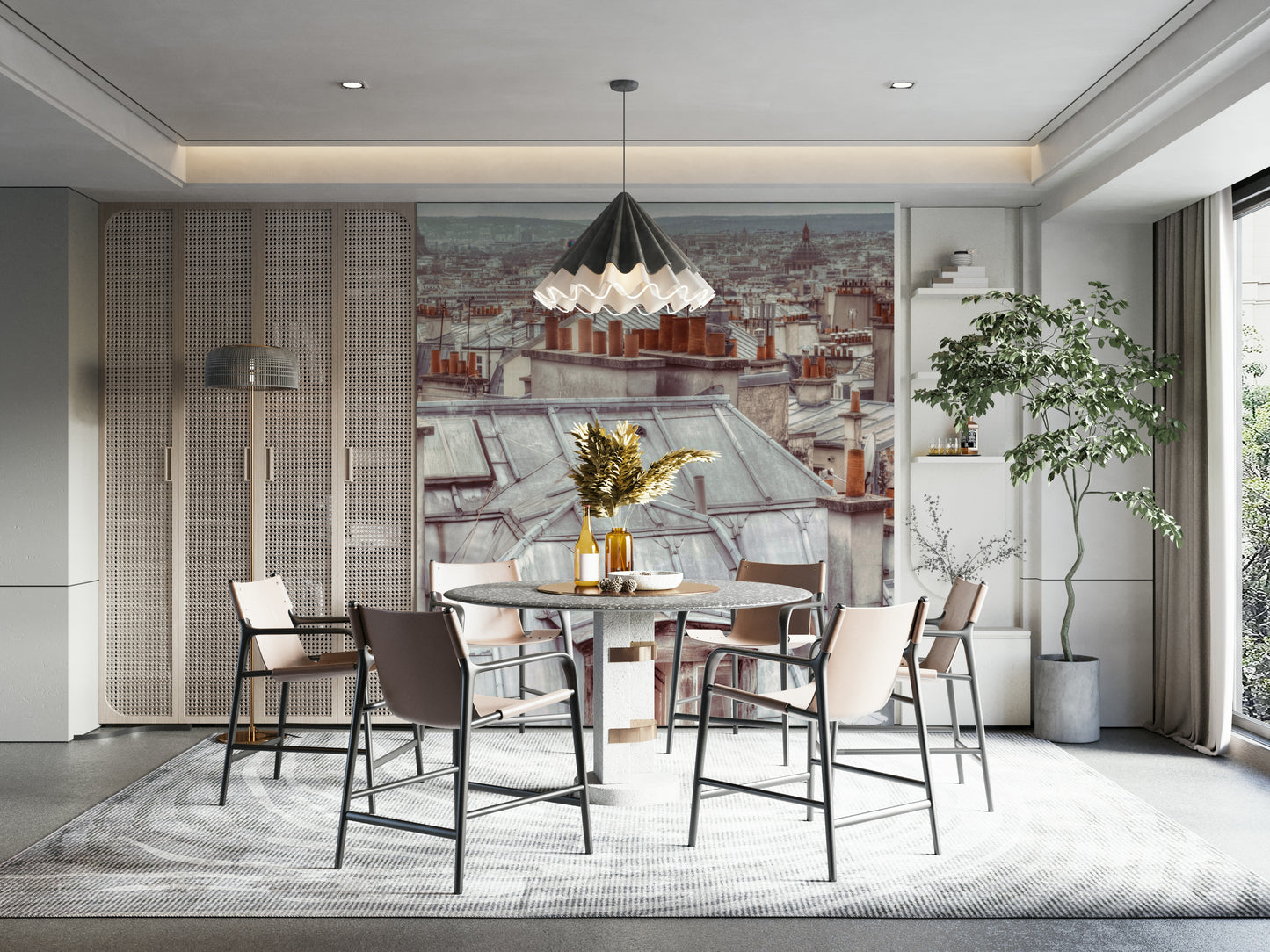 A wall mural of rooftops in Montmartre, Paris.

