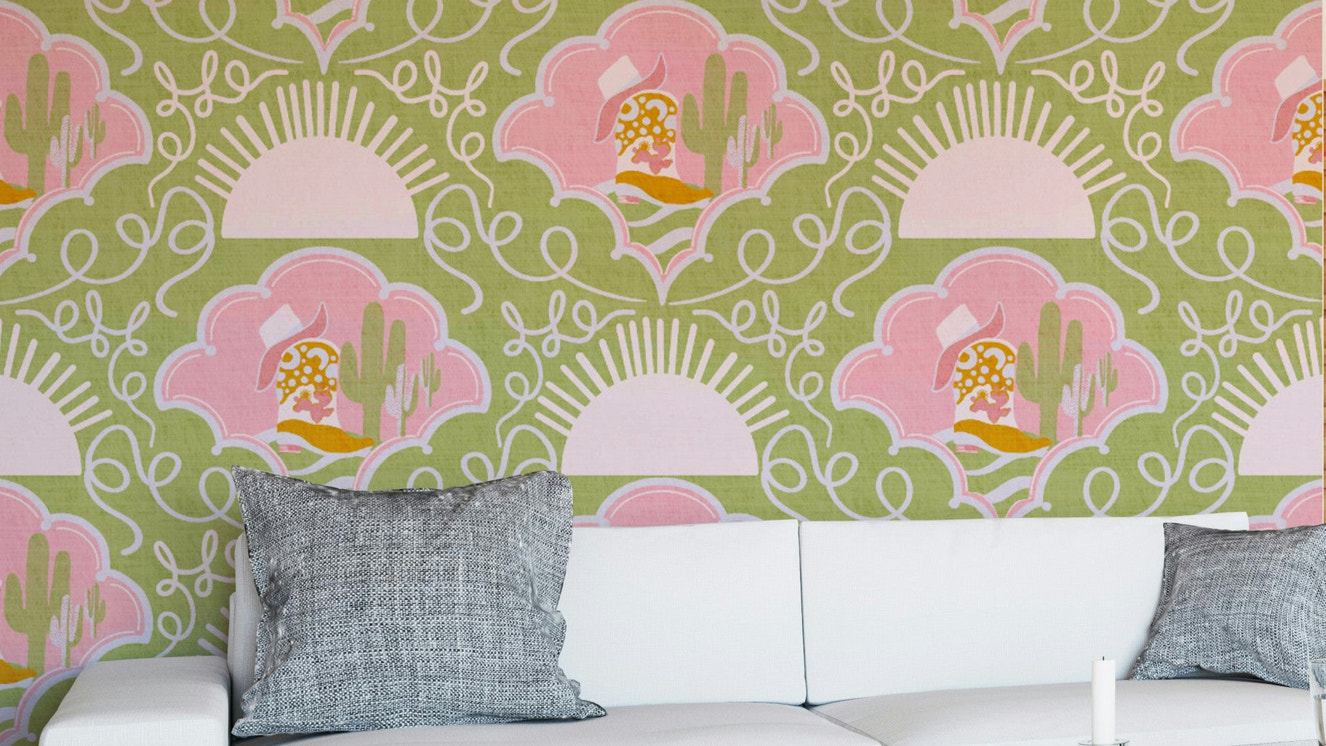 A wallpaper design with a dreamy desert scene.

