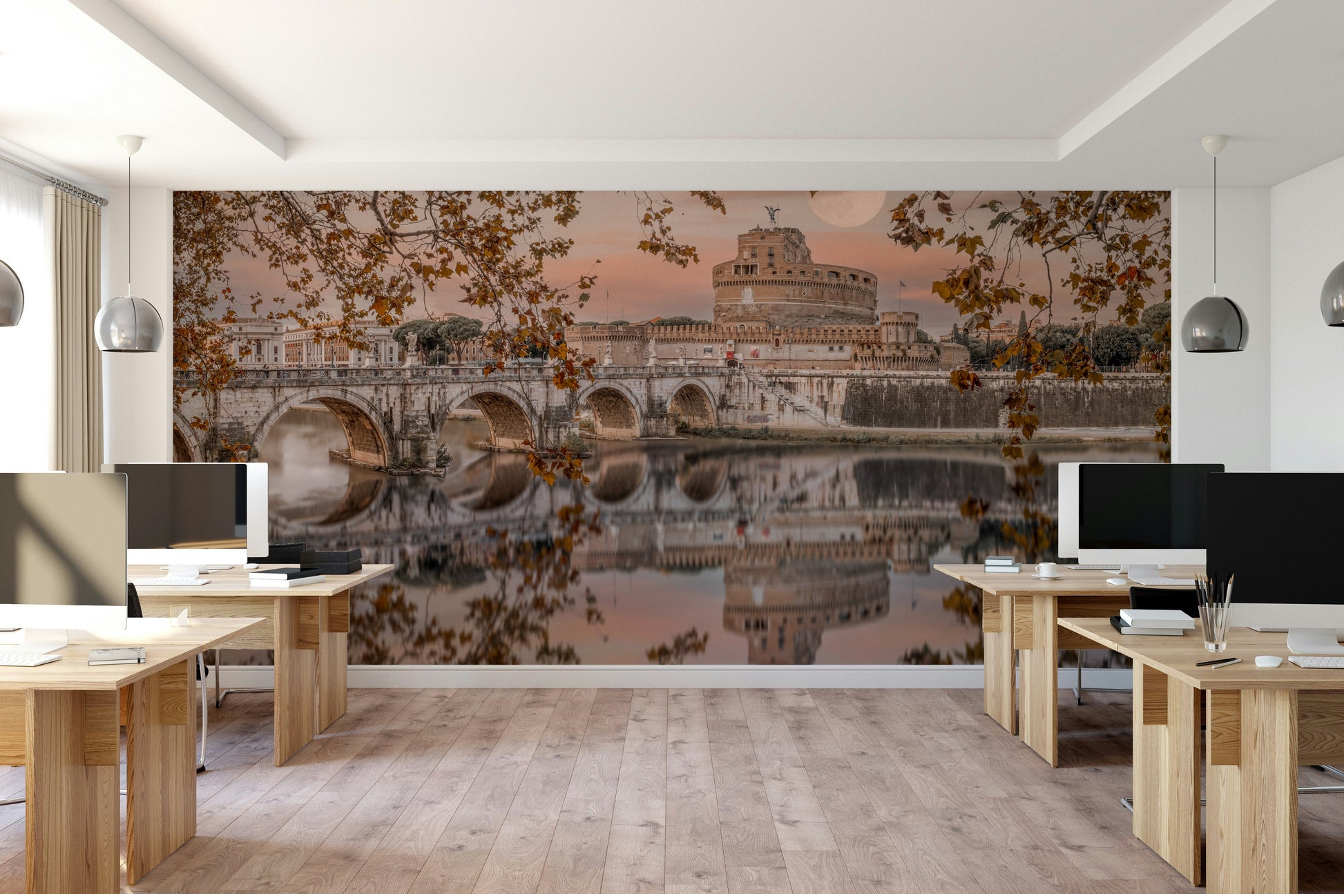 The calm water reflects the castle and the large moon.

