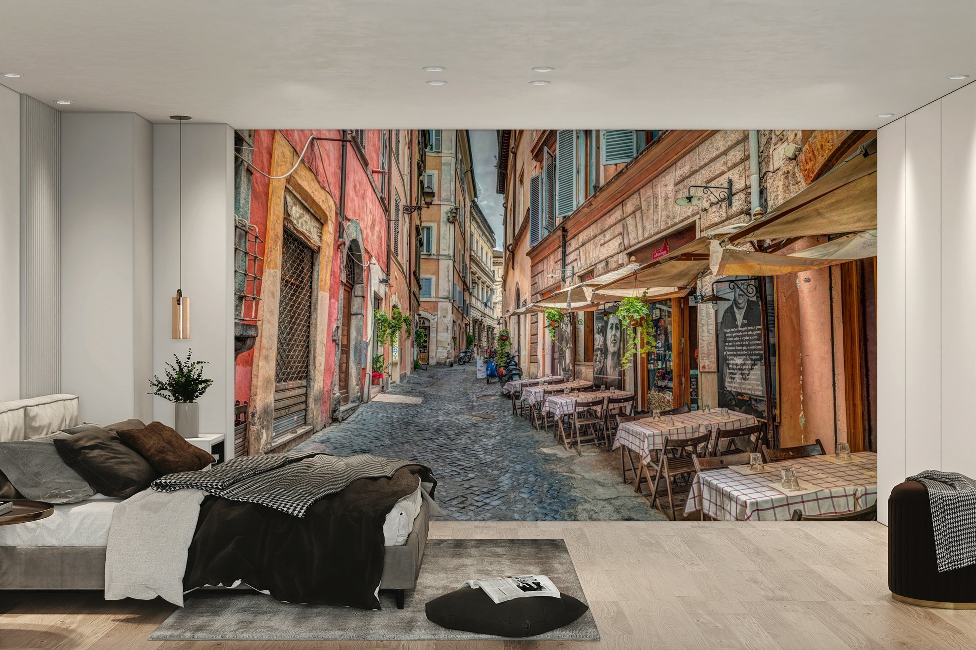A wall mural of a cafe scene in Rome.

